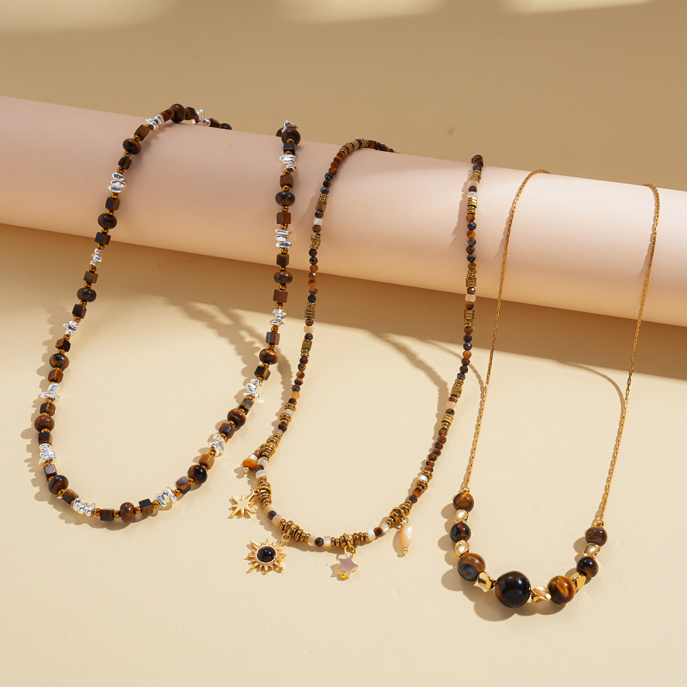 MYK2013-Vintage Tiger Eye Sun Pendant Clavicle Sweater Chain Maillard Geometric High-End Necklace