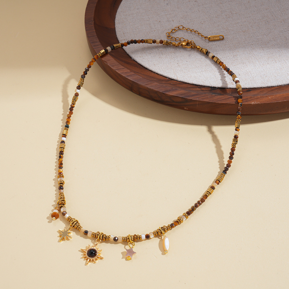 MYK2013-Vintage Tiger Eye Sun Pendant Clavicle Sweater Chain Maillard Geometric High-End Necklace