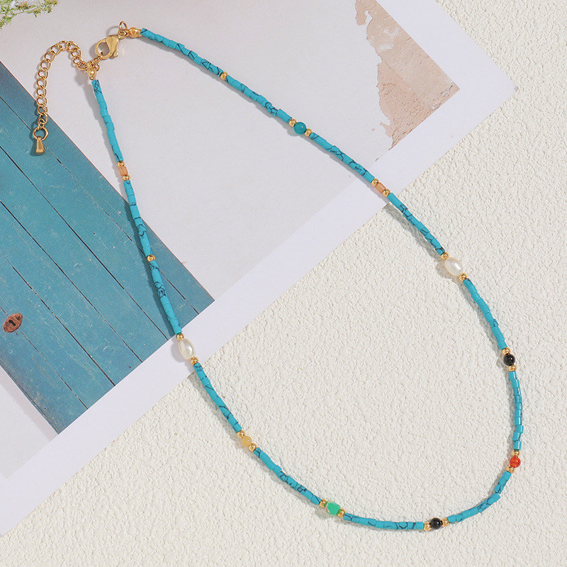 MYK2017-Turquoise and agate embellished handmade beaded necklace