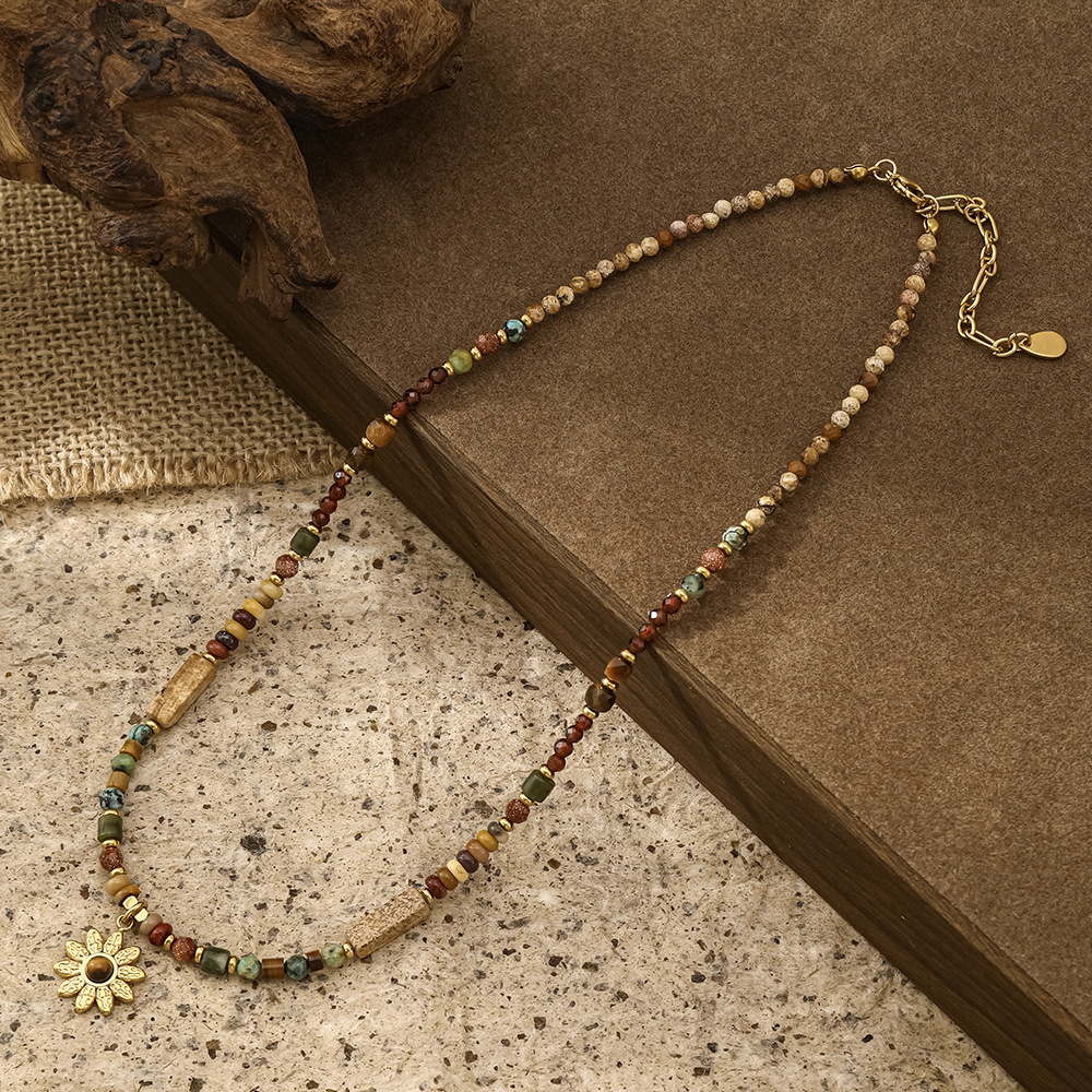 MYK2022-Norwegian Forest Sunflower Bohemian Style Natural Stone Titanium Steel Necklace
