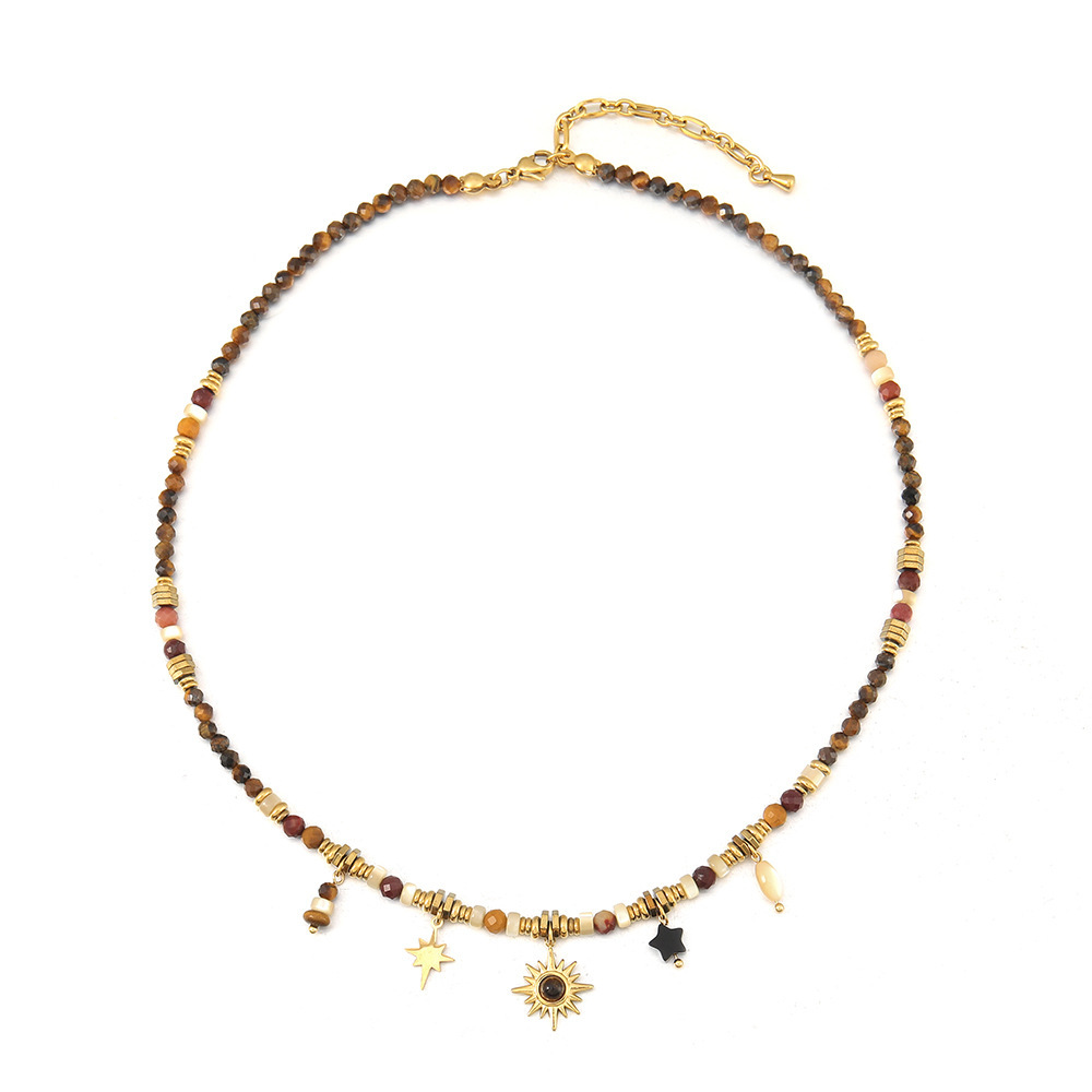 MYK2012-Natural stone bead stainless steel Maillard colorfast handmade long sweater chain