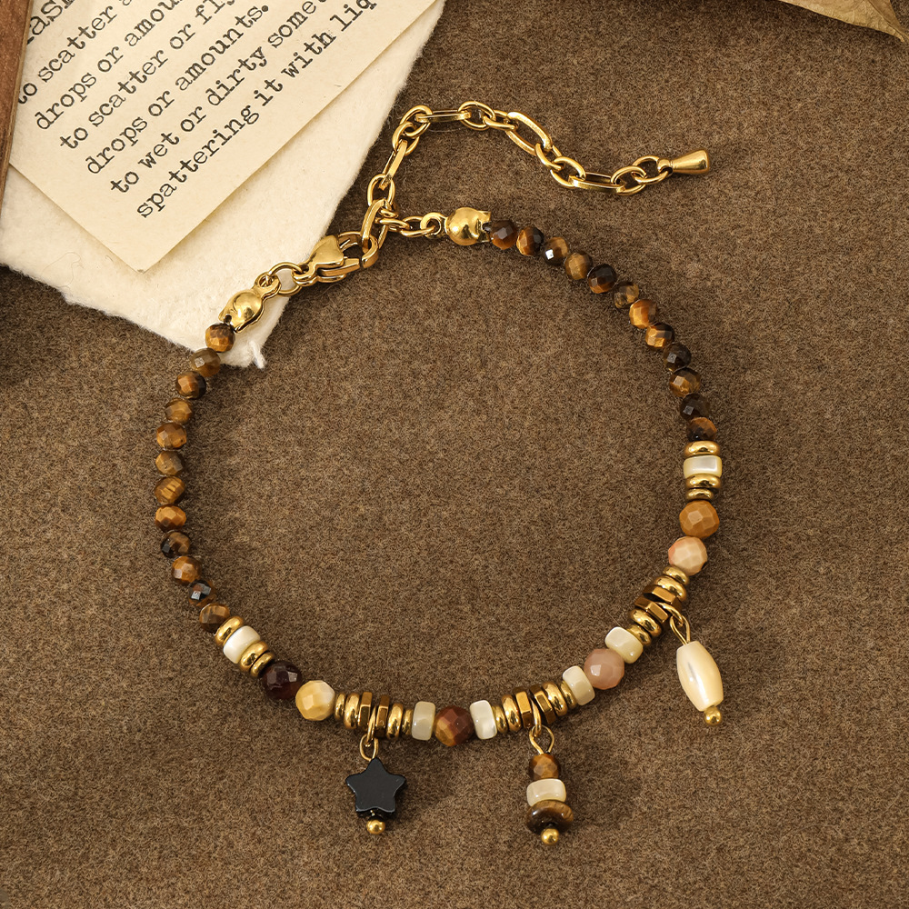 MYK2012-Natural stone bead stainless steel Maillard colorfast handmade long sweater chain