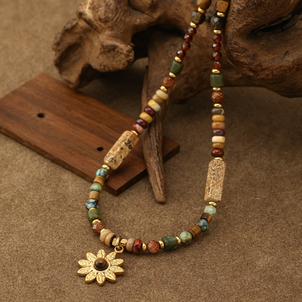 MYK2022-Norwegian Forest Sunflower Bohemian Style Natural Stone Titanium Steel Necklace