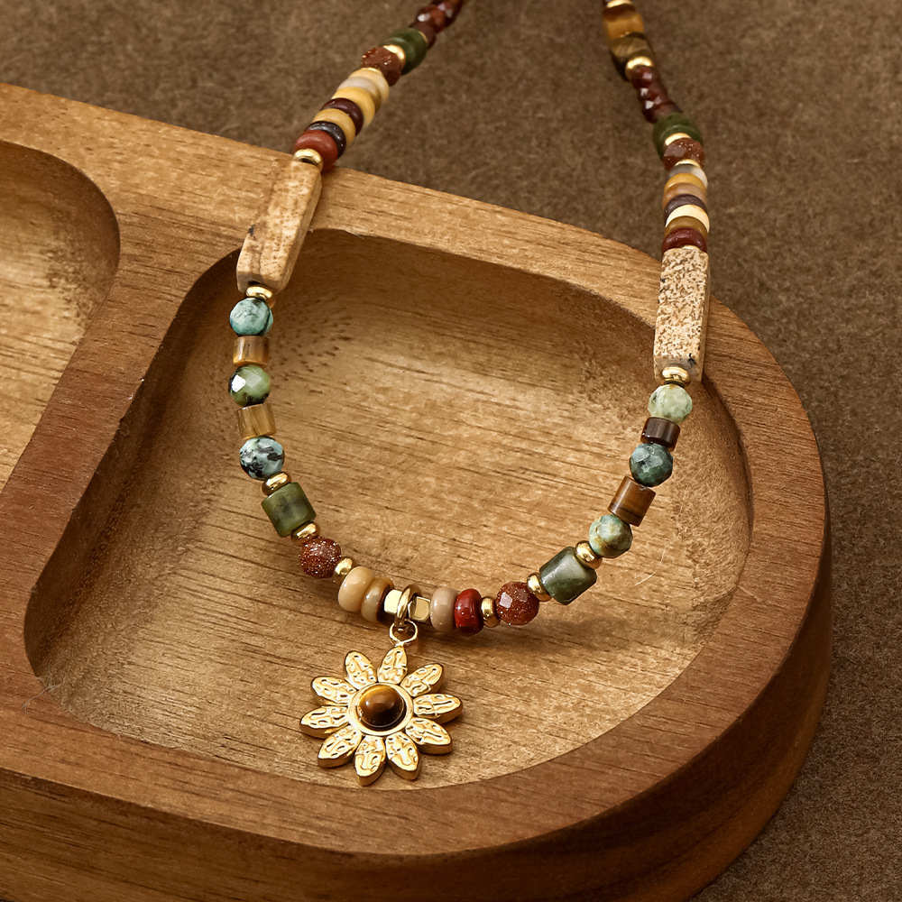 MYK2022-Norwegian Forest Sunflower Bohemian Style Natural Stone Titanium Steel Necklace