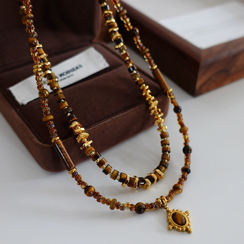 MYK2025-Maillard Amber Color Imported Seed Bead Tiger Eye Necklace