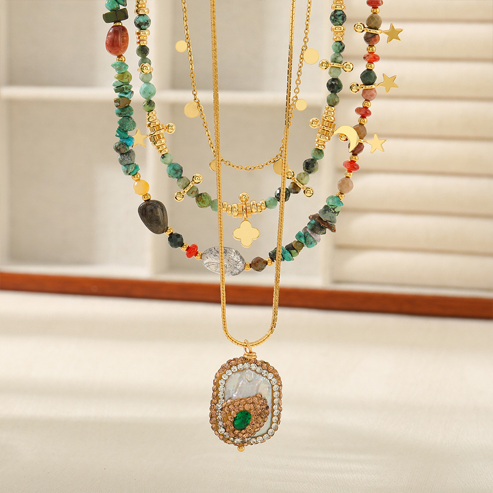 MYK2016-Vintage handmade layered Baroque pearl necklace, African pine natural stone beaded sweater chain