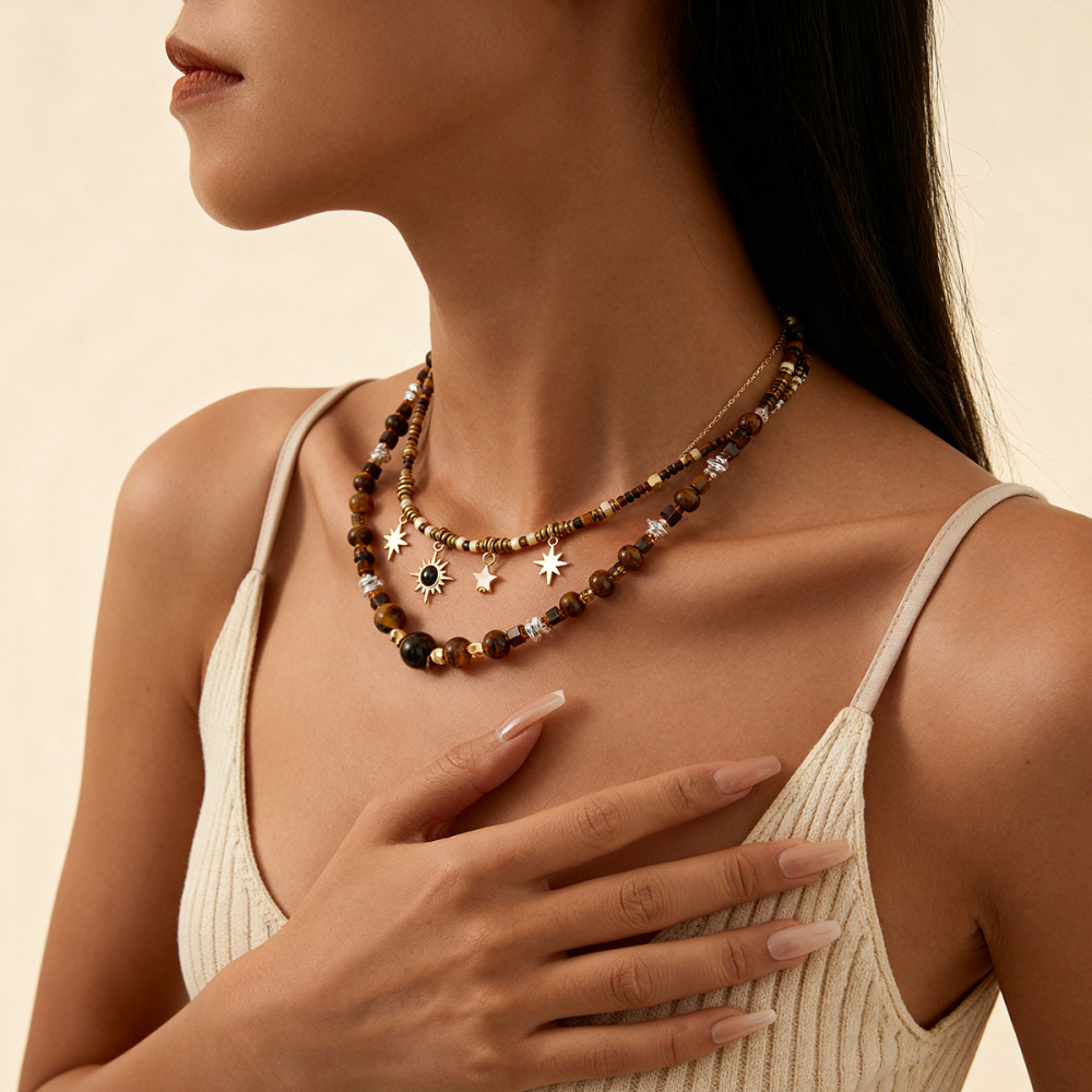 MYK2013-Vintage Tiger Eye Sun Pendant Clavicle Sweater Chain Maillard Geometric High-End Necklace