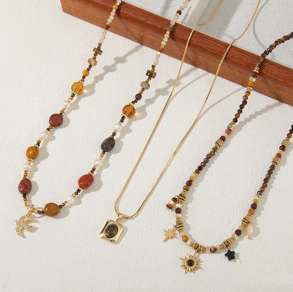 MYK2012-Natural stone bead stainless steel Maillard colorfast handmade long sweater chain