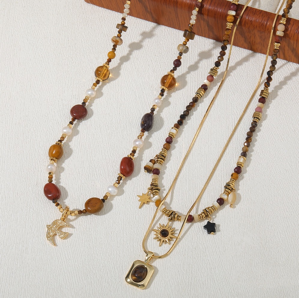 MYK2012-Natural stone bead stainless steel Maillard colorfast handmade long sweater chain
