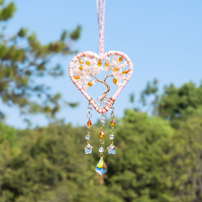 Tree of Life Car Pendant Rose Quartz Handmade Woven Pebble Suncatcher