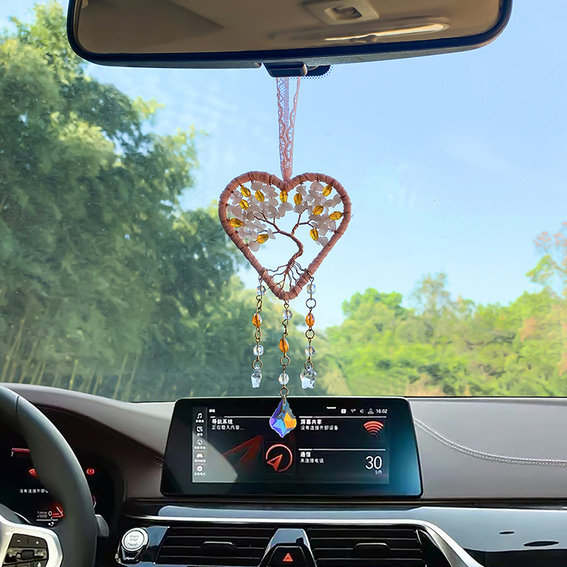 Tree of Life Car Pendant Rose Quartz Handmade Woven Pebble Suncatcher