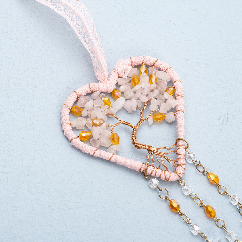 Tree of Life Car Pendant Rose Quartz Handmade Woven Pebble Suncatcher