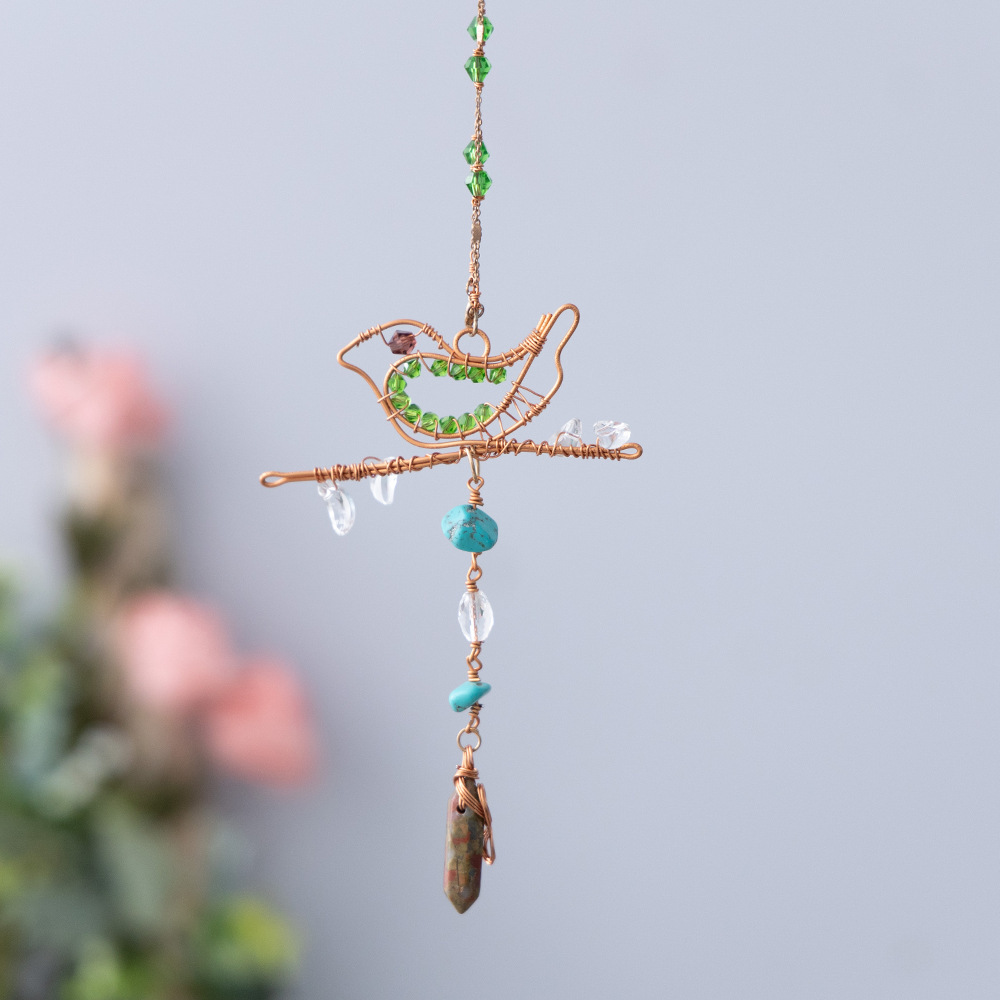 Copper wire wrapped bird beaded pendant, sun catcher