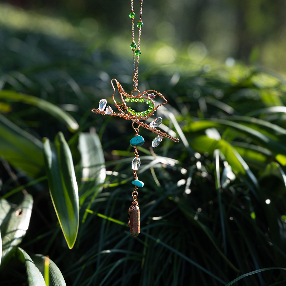 Copper wire wrapped bird beaded pendant, sun catcher