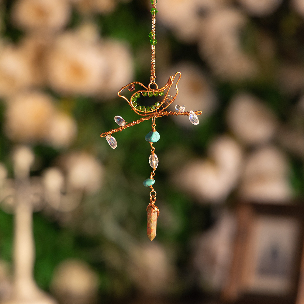 Copper wire wrapped bird beaded pendant, sun catcher