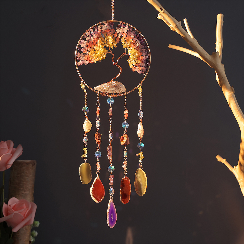 Natural Crystal Raw Stone Tree of Life Catcher Wind Chime Sun Catcher