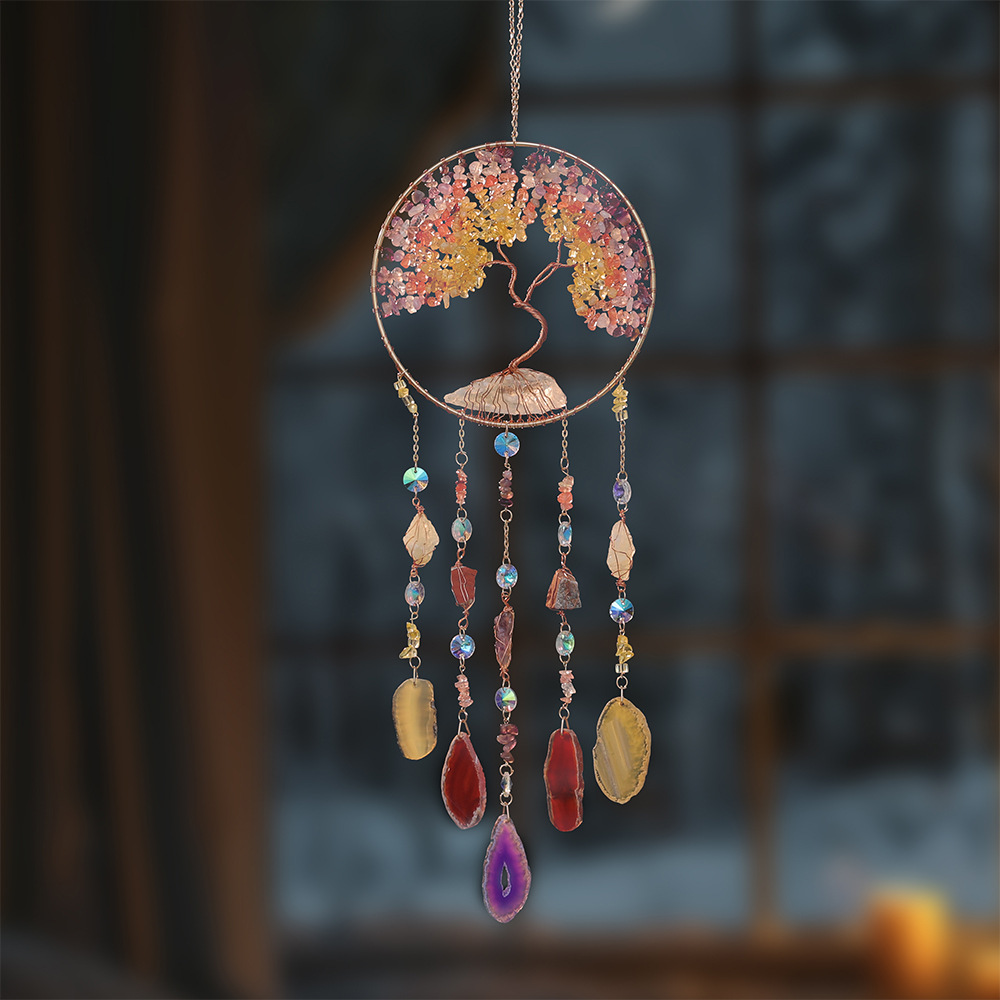 Natural Crystal Raw Stone Tree of Life Catcher Wind Chime Sun Catcher