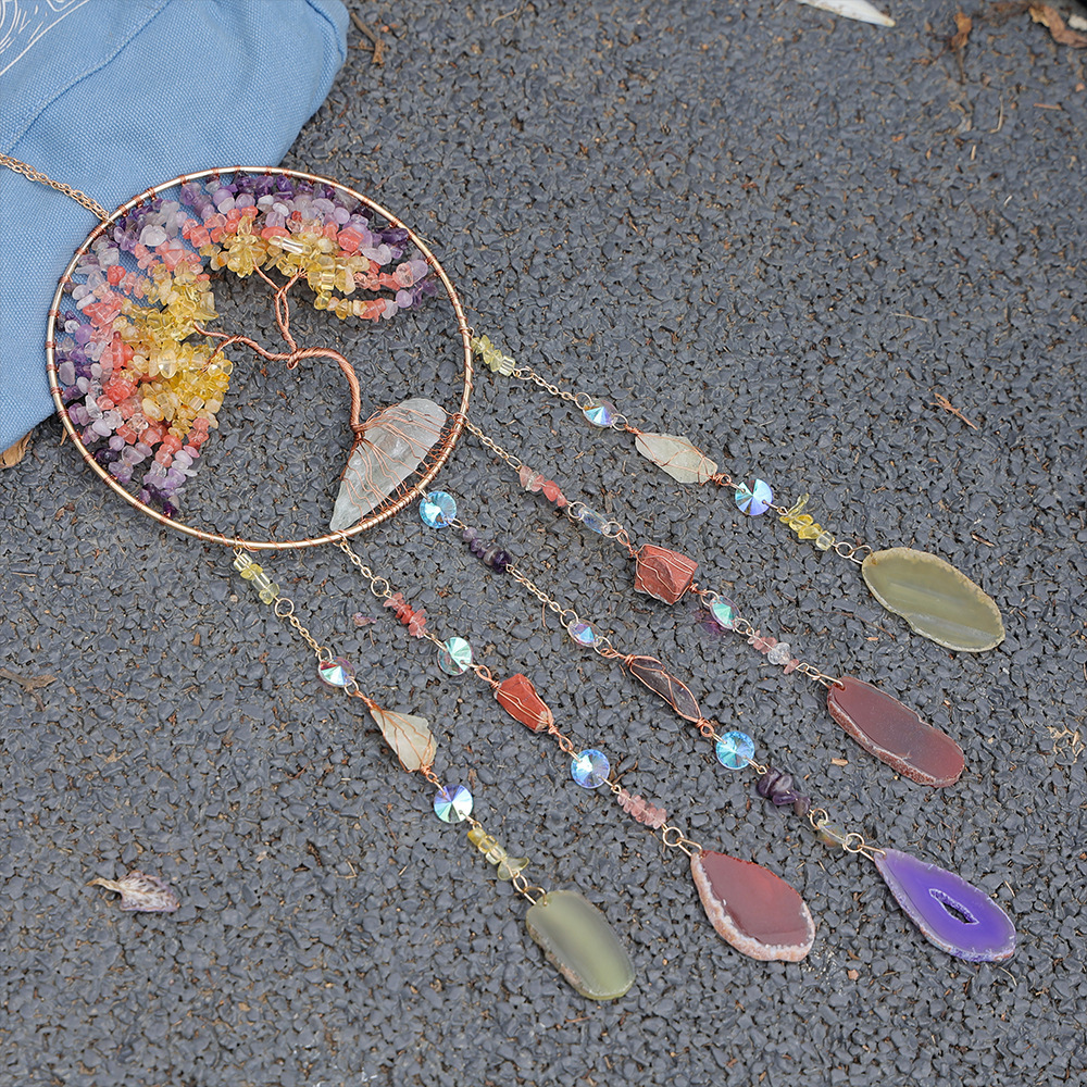 Natural Crystal Raw Stone Tree of Life Catcher Wind Chime Sun Catcher