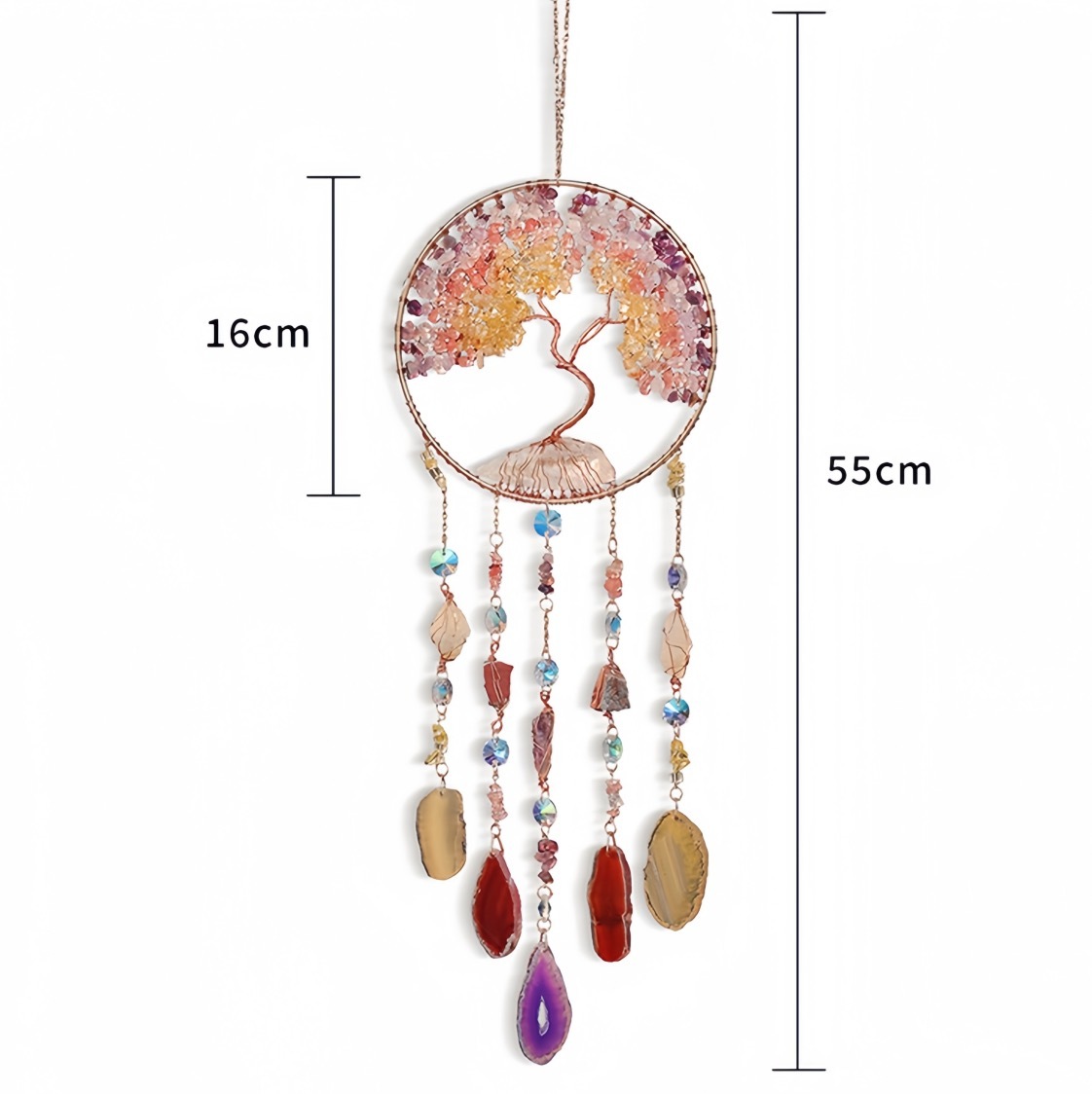 Natural Crystal Raw Stone Tree of Life Catcher Wind Chime Sun Catcher