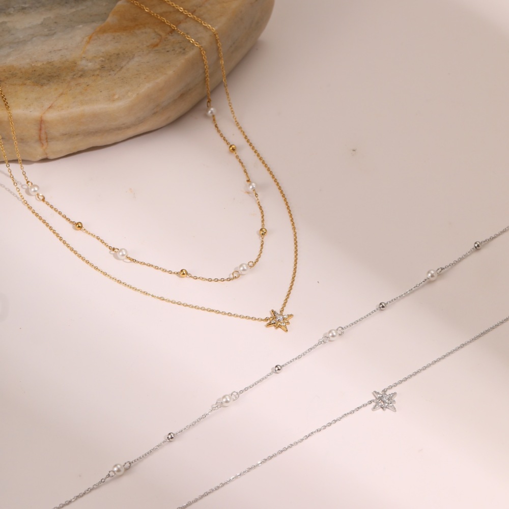 MYK2038-Double-layer six-pointed star diamond and pearl stainless steel necklace