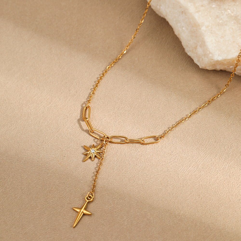 MYK2033-Eight-pointed star tassel cross pendant star stainless steel necklace