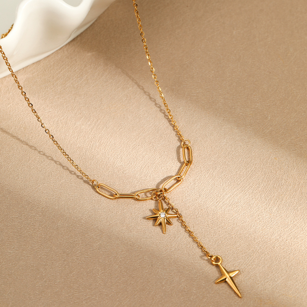 MYK2033-Eight-pointed star tassel cross pendant star stainless steel necklace