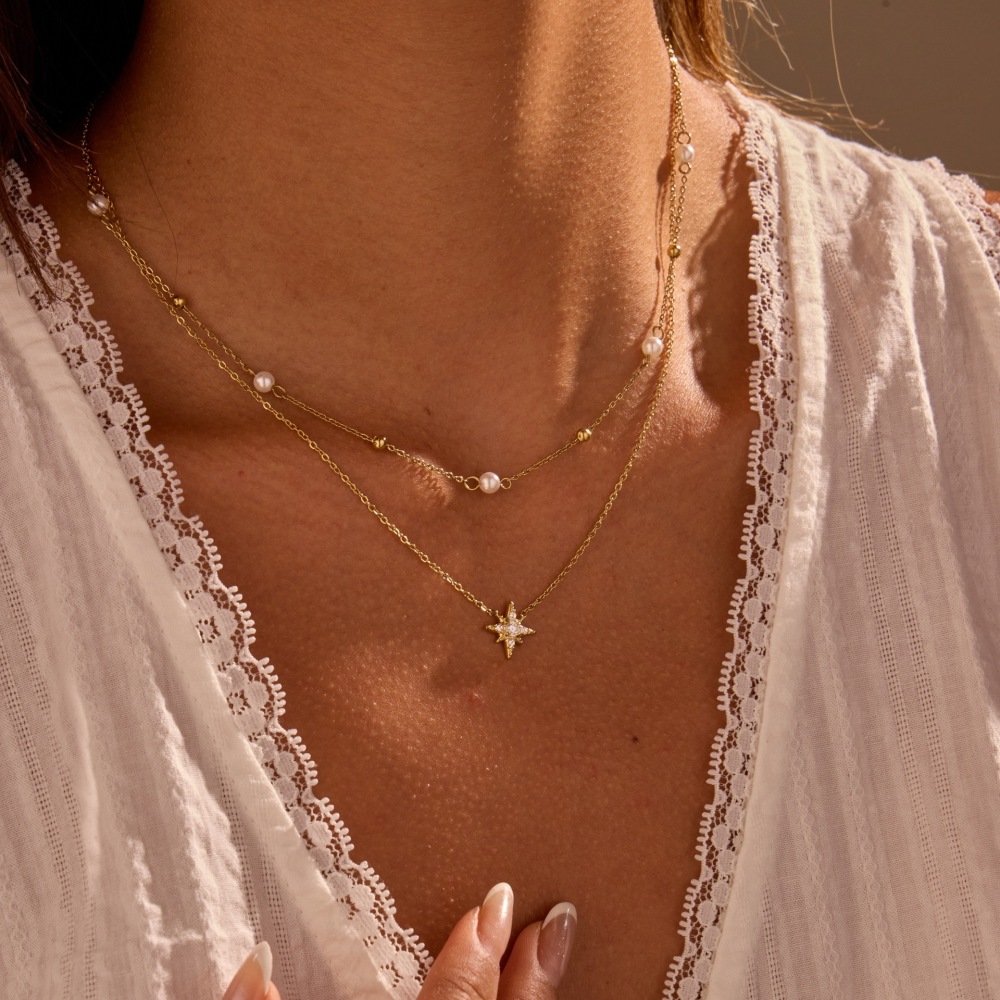 MYK2038-Double-layer six-pointed star diamond and pearl stainless steel necklace