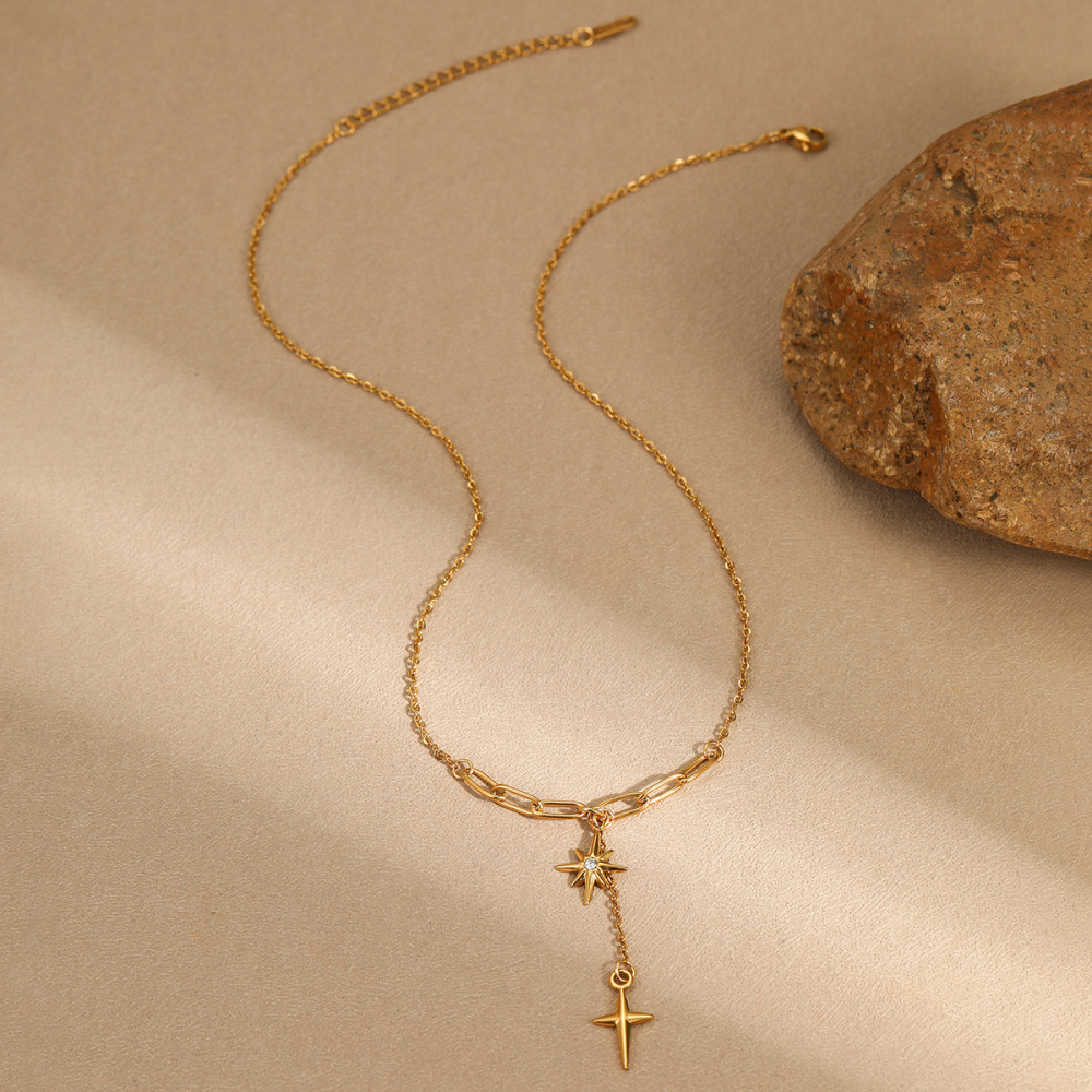 MYK2033-Eight-pointed star tassel cross pendant star stainless steel necklace