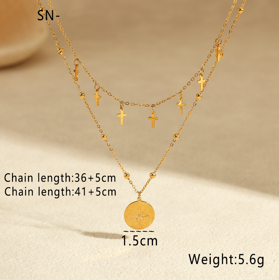 MYK2036-Stacked Stainless Steel Cross Star Pendant Necklace