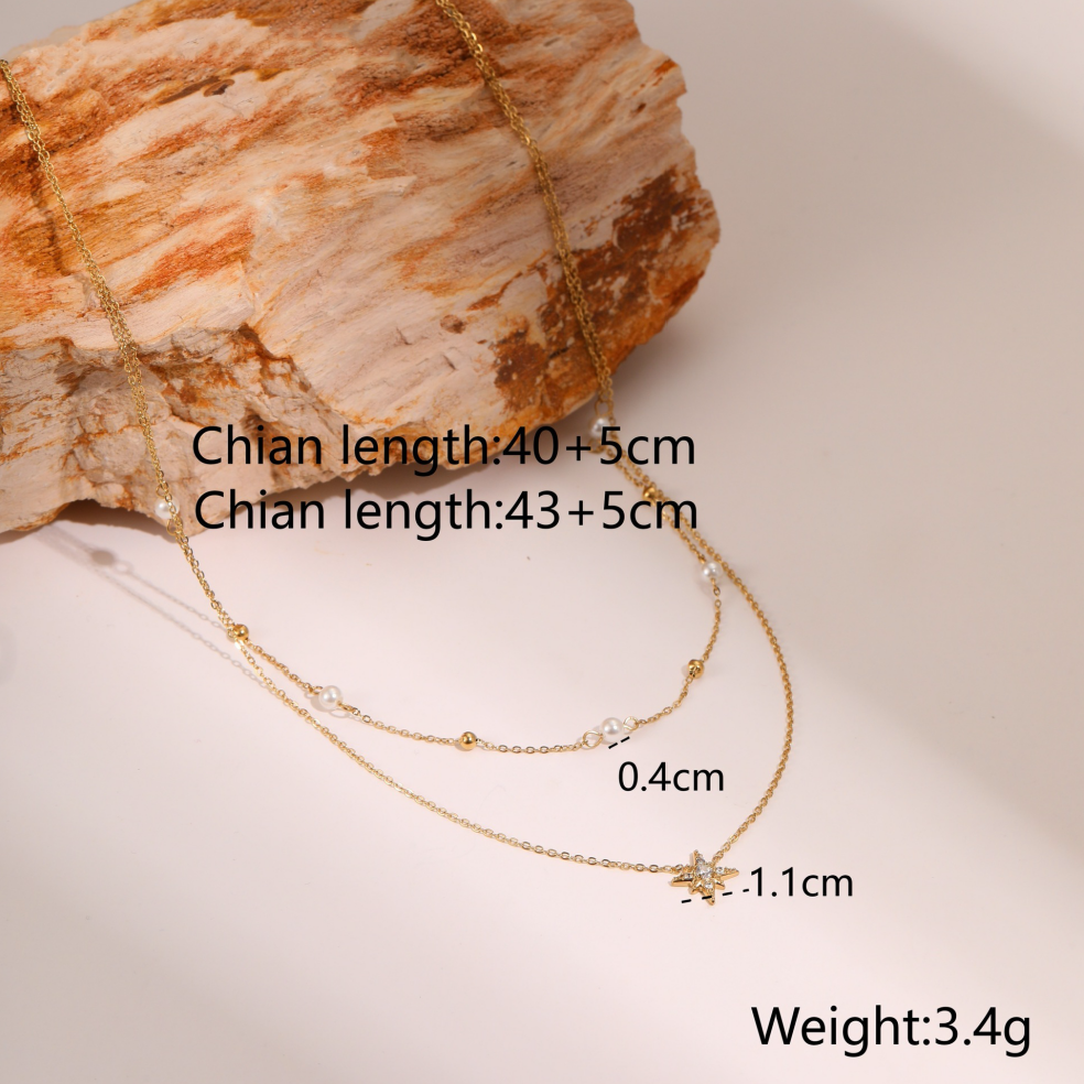 MYK2038-Double-layer six-pointed star diamond and pearl stainless steel necklace