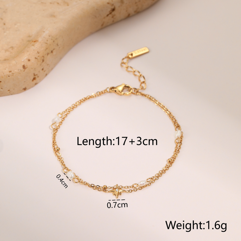 MYK2038-Double-layer six-pointed star diamond and pearl stainless steel necklace