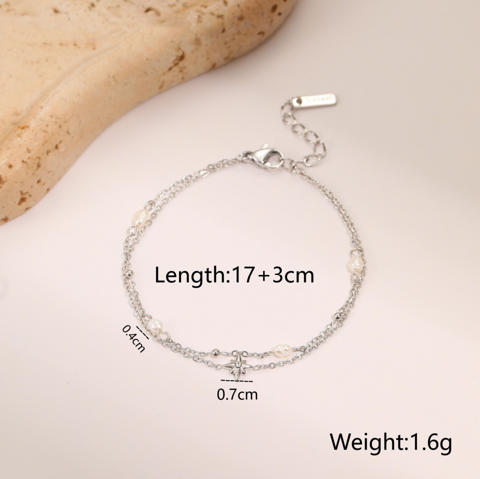 MYK2038-Double-layer six-pointed star diamond and pearl stainless steel necklace