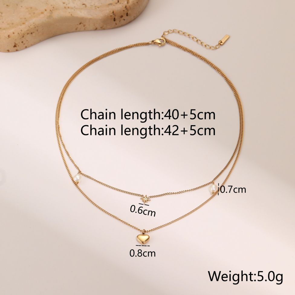 MYK2038-Double-layer six-pointed star diamond and pearl stainless steel necklace