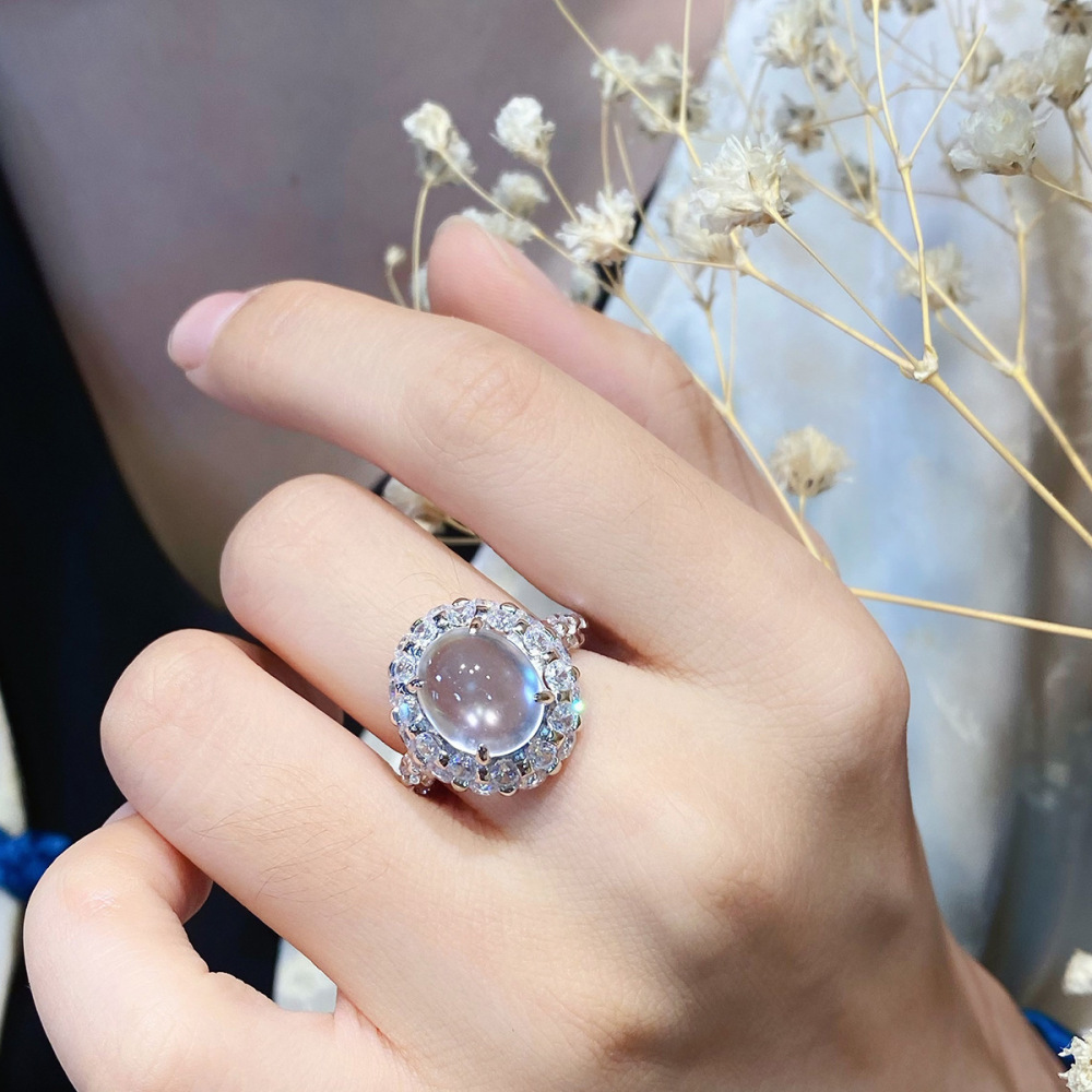 Natural translucent white chalcedony vintage-style open ring