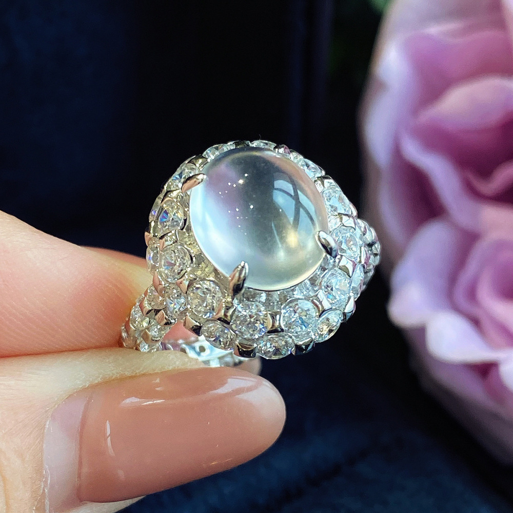 Natural translucent white chalcedony vintage-style open ring