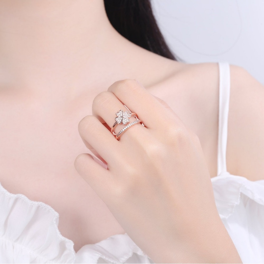 Multi-layered Opening Ring with Four-Leaf Clover and Micro-painted Zirconia