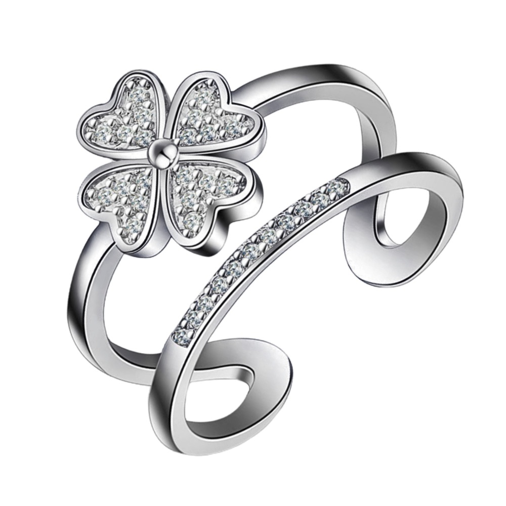 Multi-layered Opening Ring with Four-Leaf Clover and Micro-painted Zirconia