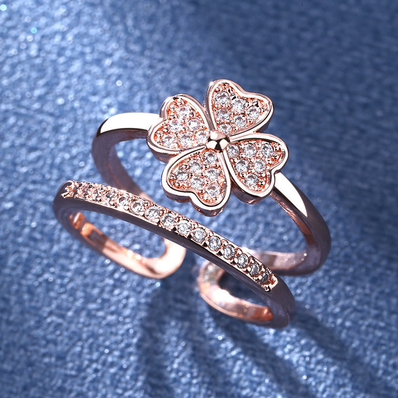 Multi-layered Opening Ring with Four-Leaf Clover and Micro-painted Zirconia