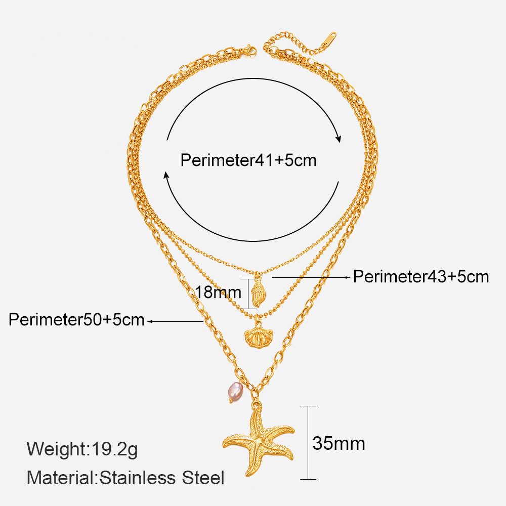 MYK2053-14K gold double-layered five-pointed star stainless steel necklace with geometric design.