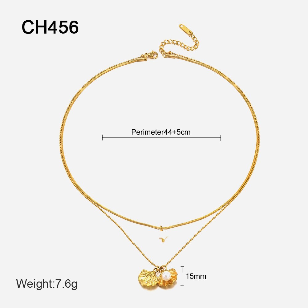 MYK2053-14K gold double-layered five-pointed star stainless steel necklace with geometric design.