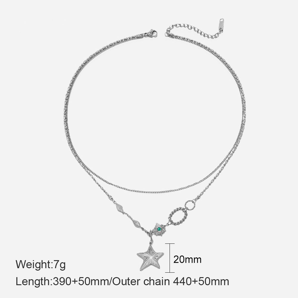MYK2053-14K gold double-layered five-pointed star stainless steel necklace with geometric design.