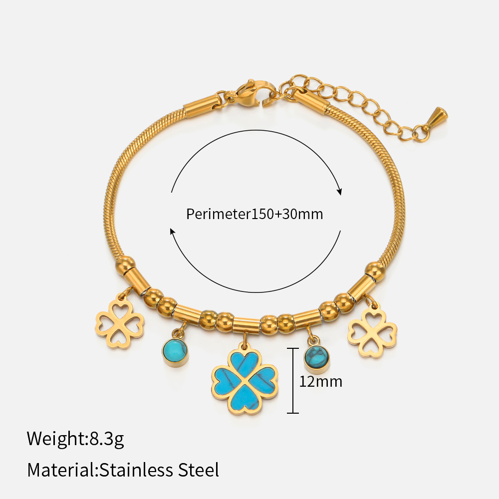 MYK2151-Floral-patterned, stylish turquoise 18K gold-plated stainless steel bracelet
