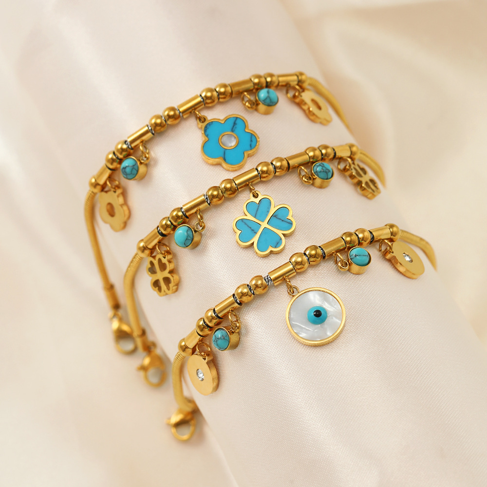 MYK2151-Floral-patterned, stylish turquoise 18K gold-plated stainless steel bracelet