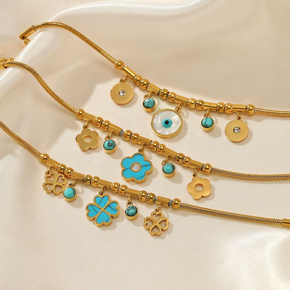 MYK2151-Floral-patterned, stylish turquoise 18K gold-plated stainless steel bracelet