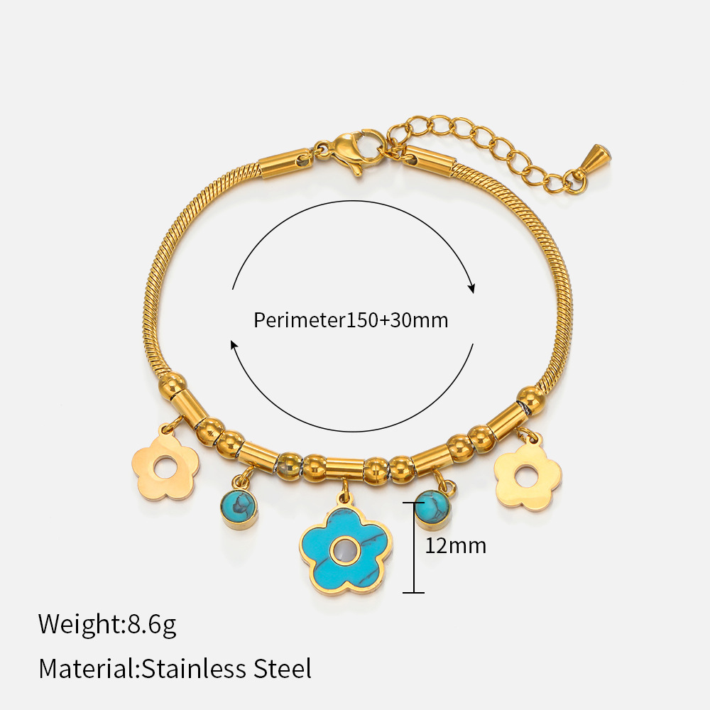 MYK2151-Floral-patterned, stylish turquoise 18K gold-plated stainless steel bracelet