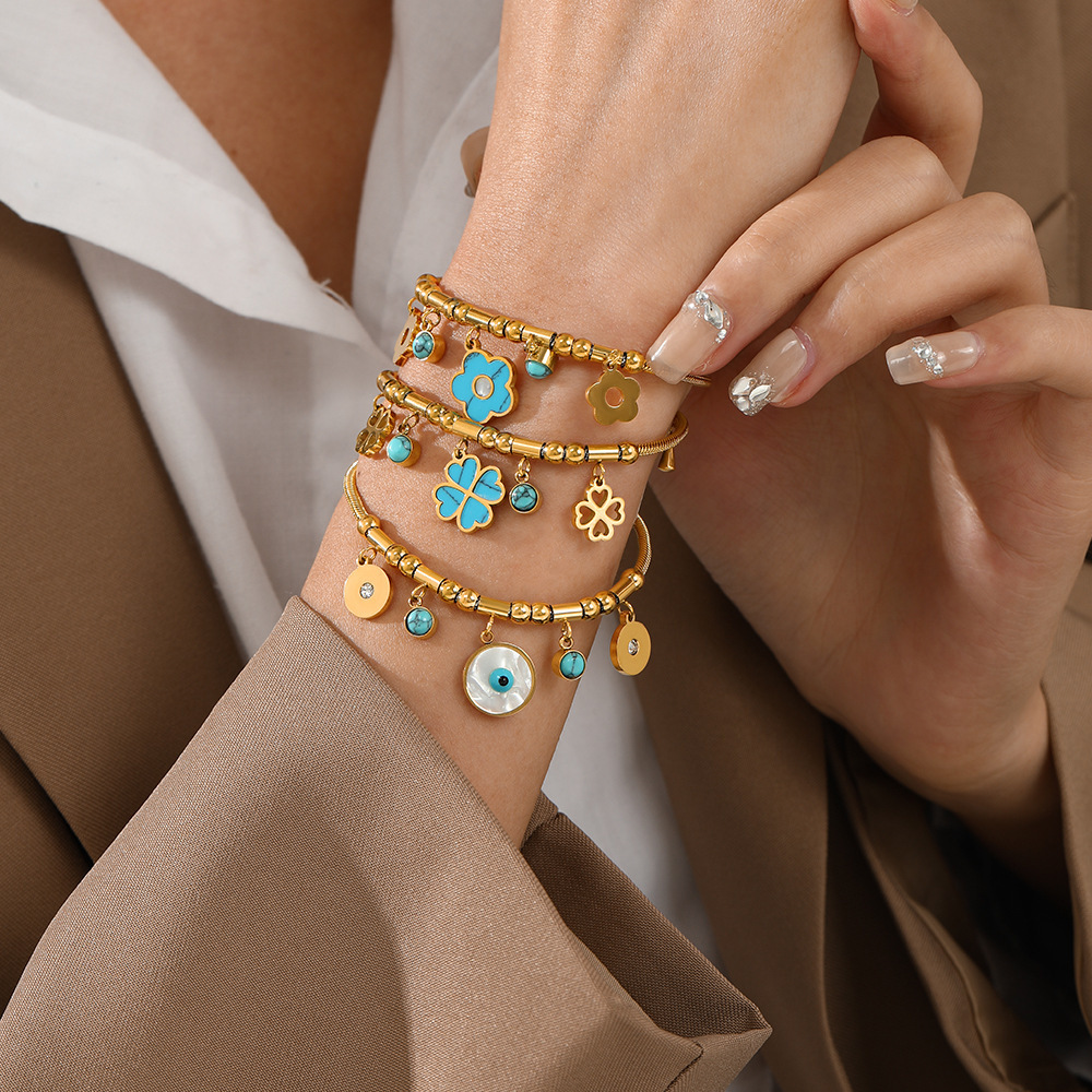 MYK2151-Floral-patterned, stylish turquoise 18K gold-plated stainless steel bracelet