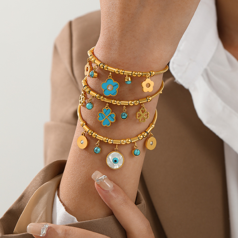 MYK2151-Floral-patterned, stylish turquoise 18K gold-plated stainless steel bracelet