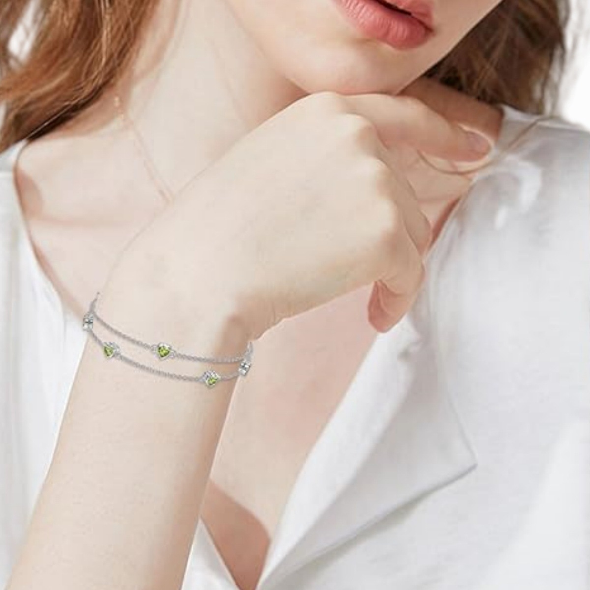 Stylish Double-Layer Heart-Shaped Green Zirconia Bracelet