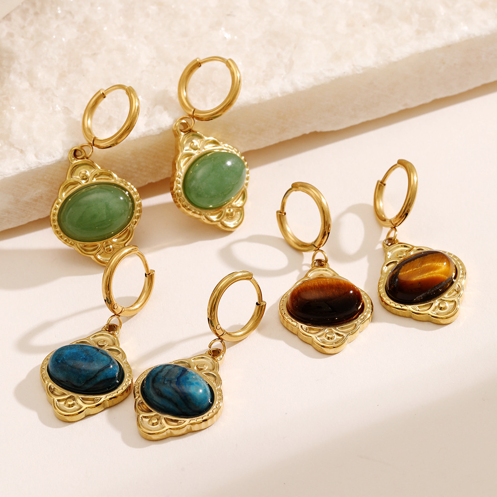 MYK2460-Stainless steel oval tiger's eye pendant earrings