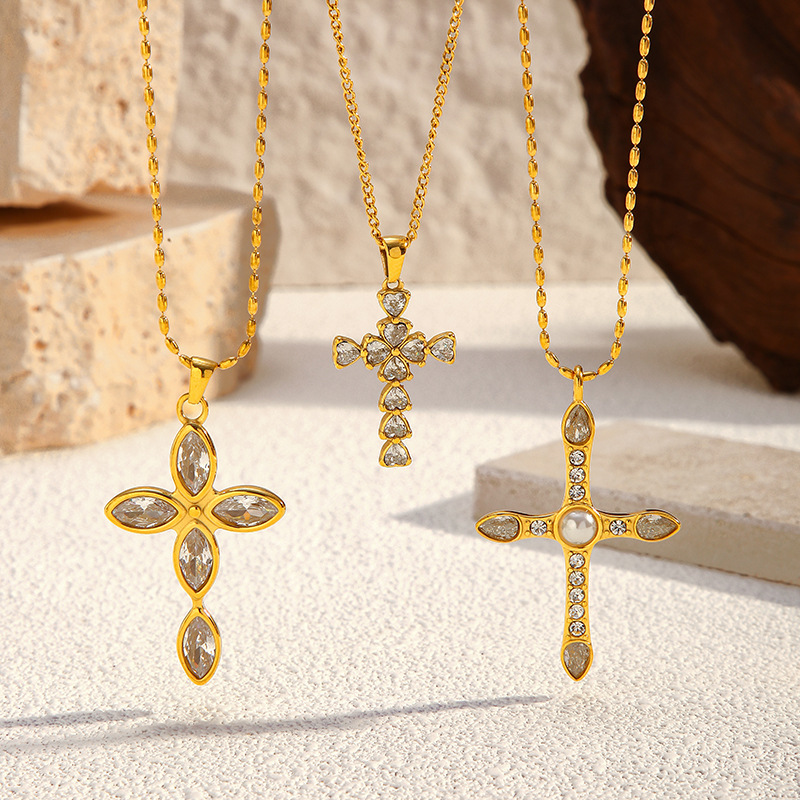 MYK2518-Stainless steel cross-shaped diamond clavicle chain